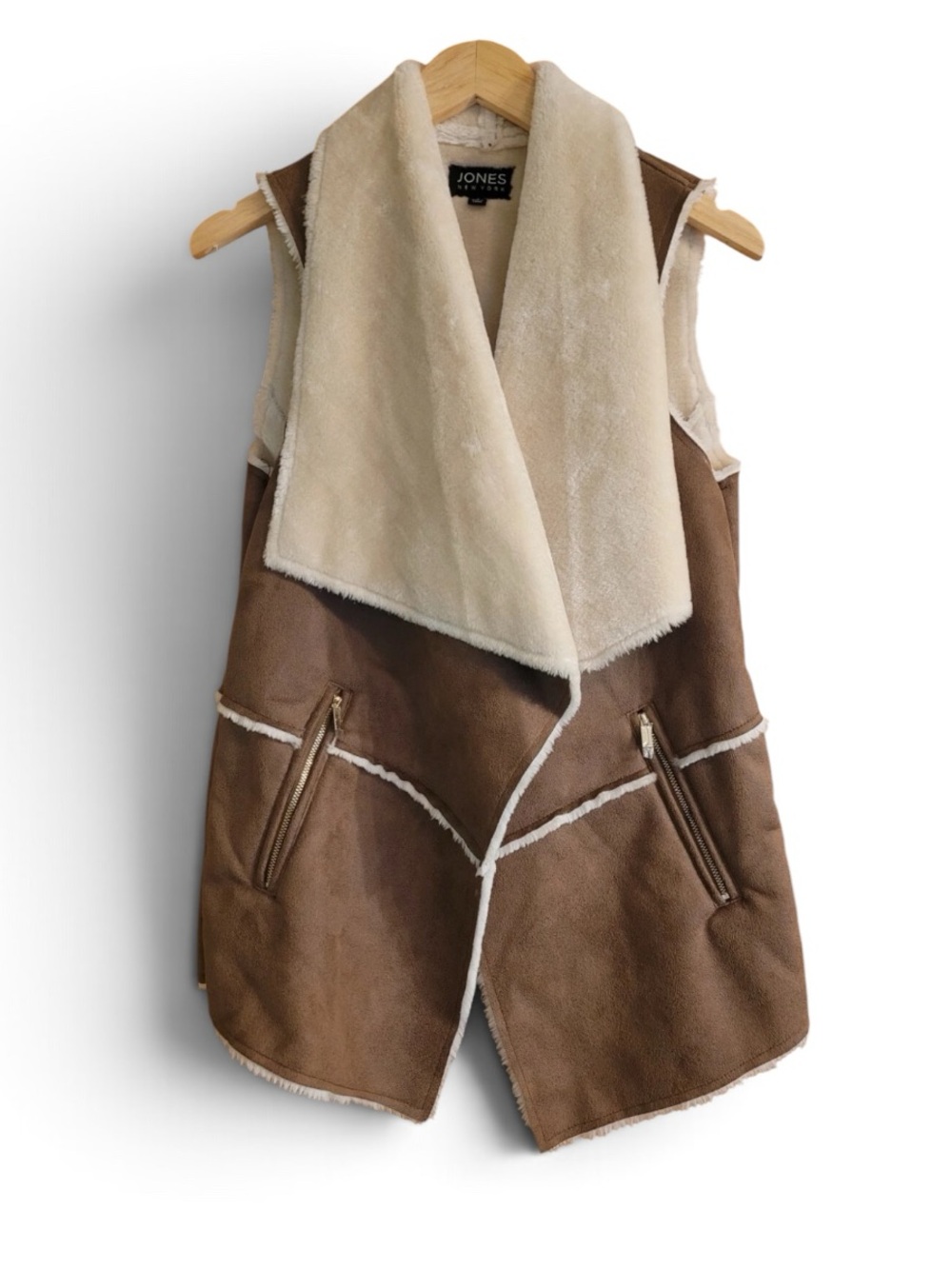 Jones New York Brown Vest with Cream Faux-Shearling Trim